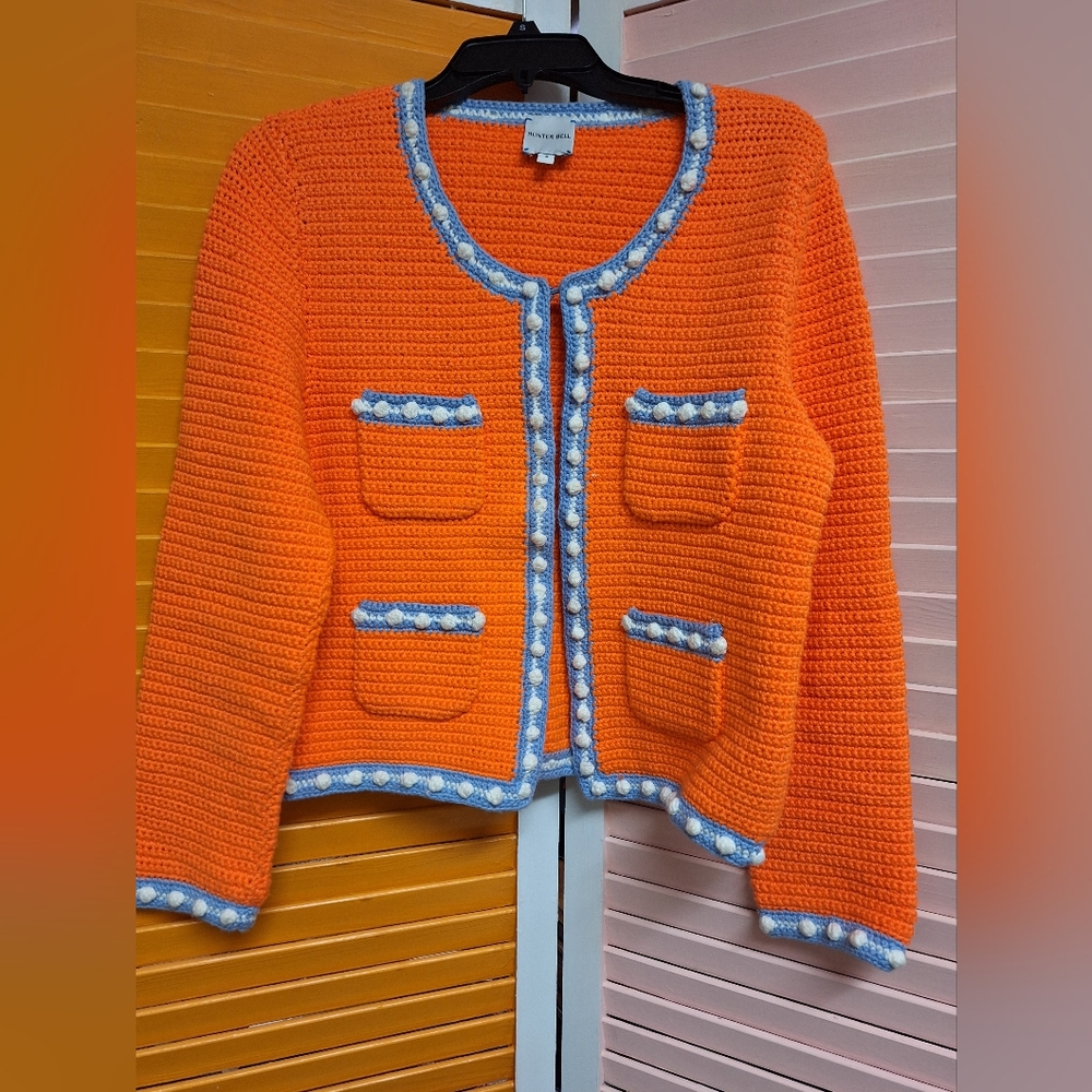 Bright Orange Crochet Cardigan with Blue & White Trim